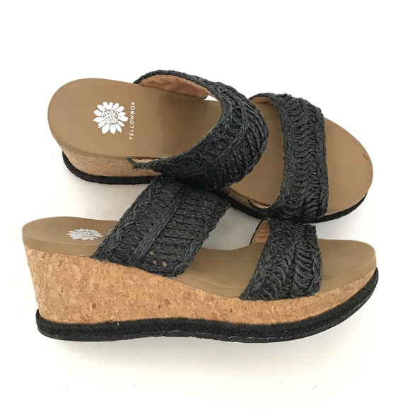 YELLOW BOX Wedge Platform Sandals Shoes Black Adalee Women’s Size 8 - Picture 2 of 16